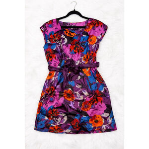 Y2K Forever 21 XXI purple and Orange Floral Print Cap Sleeve Dress Large